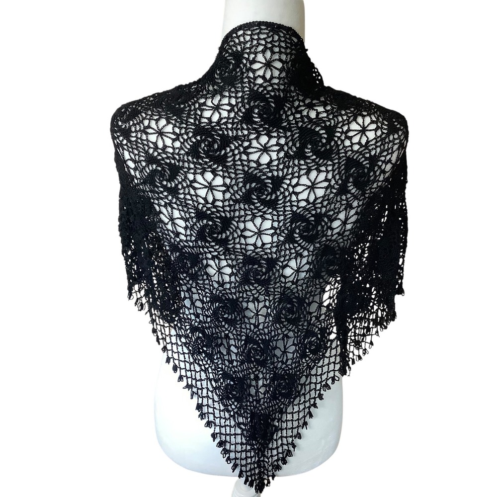 Black Crochet Rose Lace Beaded Shawl Wrap Viscose Floral Triangle Evening Scarf